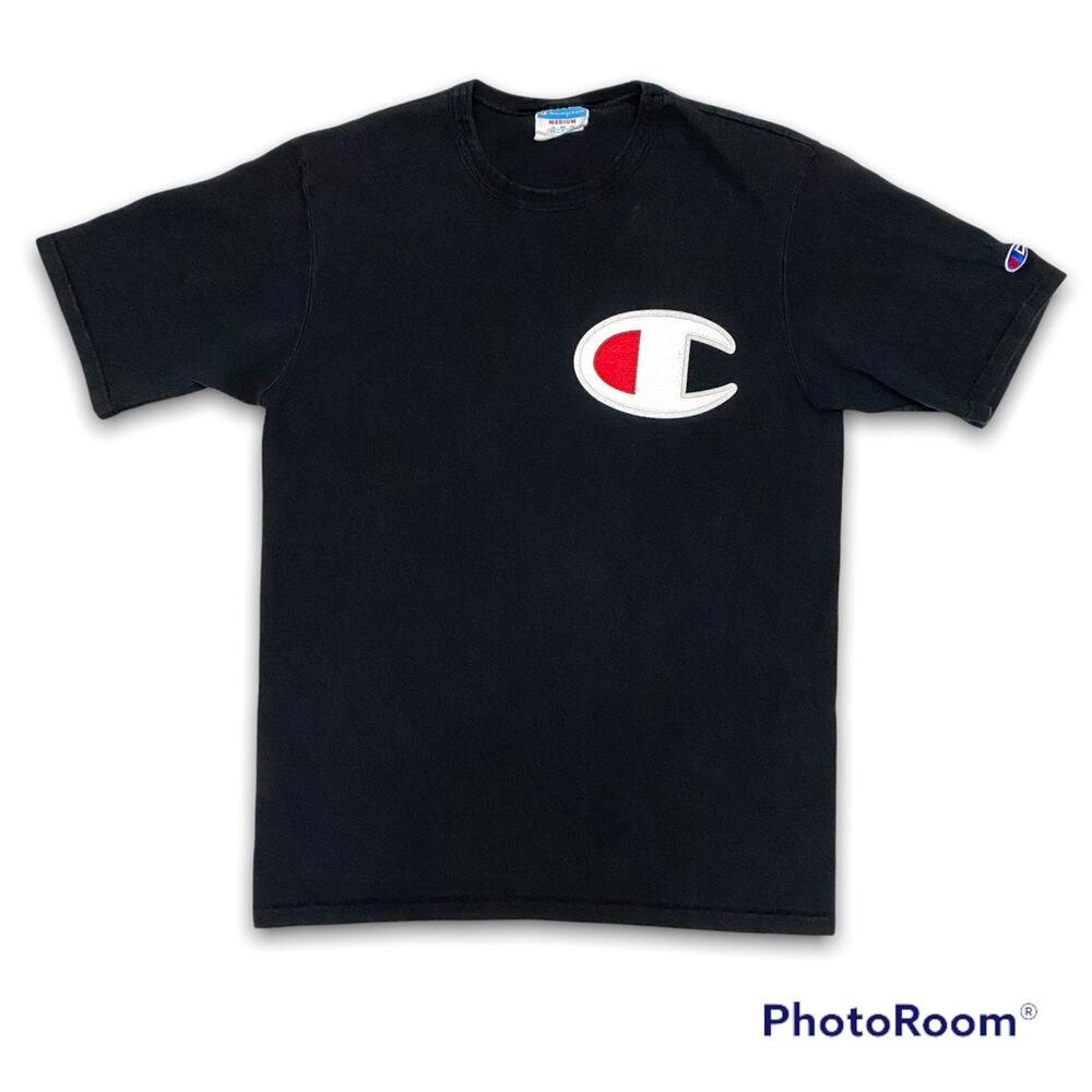 80s Vintage Champion Sports Shirt Men's Medium Black‎ Patch Logo Short Sleeve